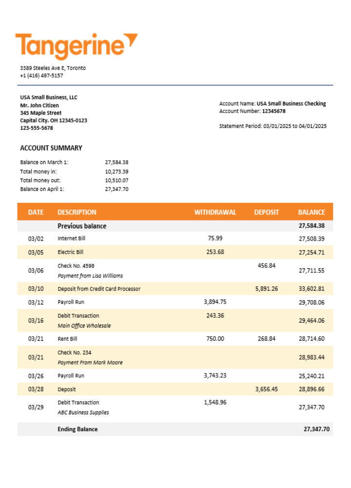 Relevé bancaire d'entreprise Tangerine Format Word et PDF